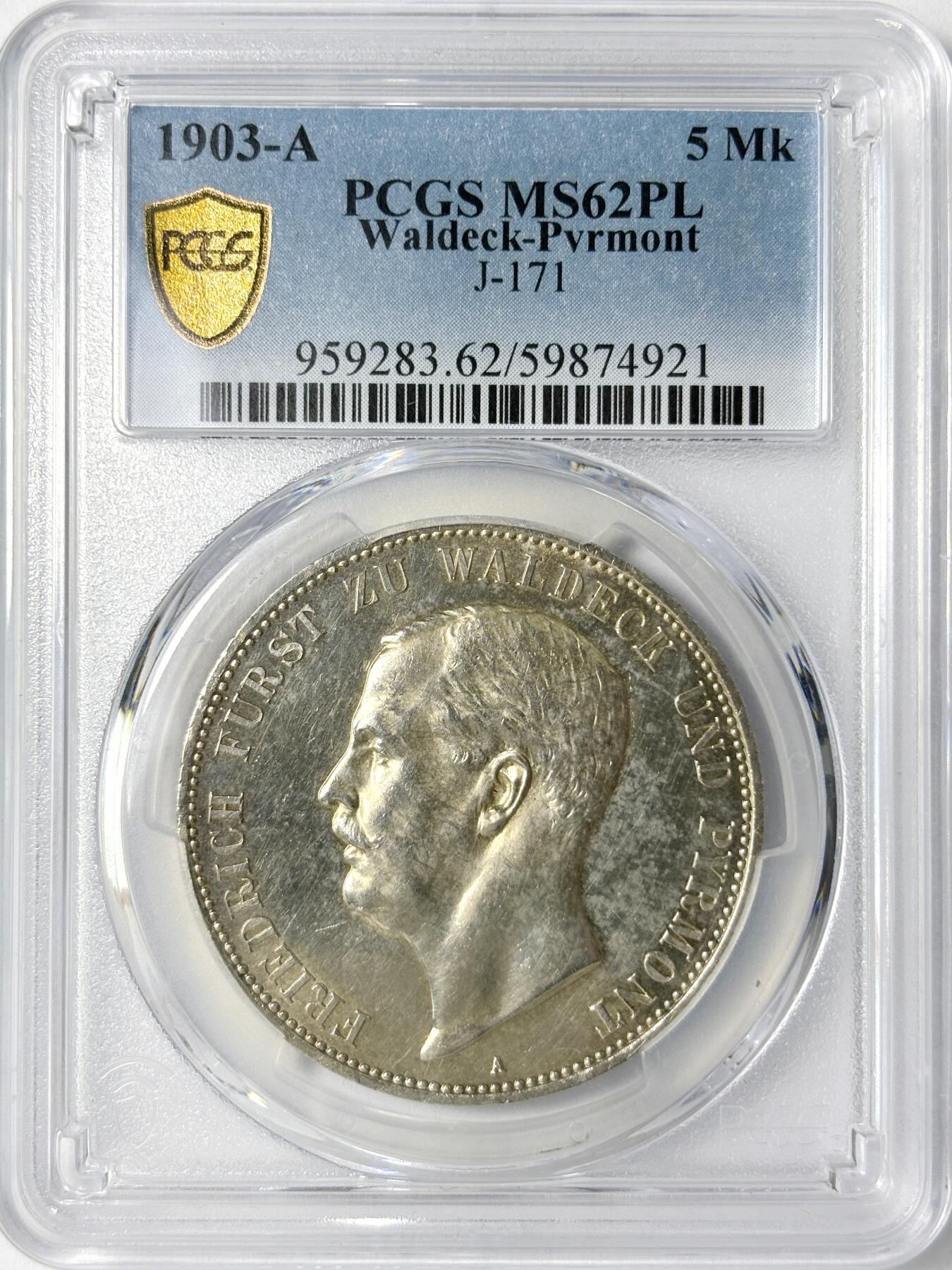 【雨安】【世界币章112-113期】周五/周六 两场连拍 2025-11-01 周六 19:30 保真 8秒倒数自动落锤 高效拍卖 [评级德国] Germany 德国 帝国 瓦尔德克 5马克 (1903) 弗里德里希 1903年 PCGS-MS62PL 顶级罕见, PL更为难得