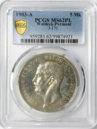 【雨安】【世界币章112-113期】周五/周六 两场连拍 2025-11-01 周六 19:30 保真 8秒倒数自动落锤 高效拍卖 - [评级德国] Germany 德国 帝国 瓦尔德克 5马克 (1903) 弗里德里希 1903年 PCGS-MS62PL 顶级罕见, PL更为难得