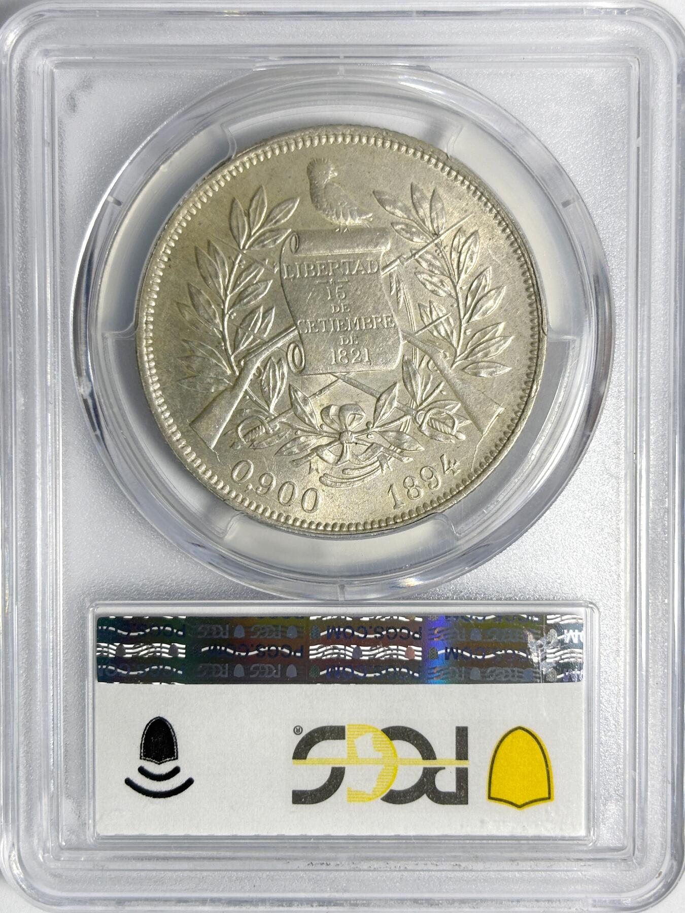 【雨安】【世界币章112-113期】周五/周六 两场连拍 2025-11-01 周六 19:30 保真 8秒倒数自动落锤 高效拍卖 [评级美洲] Guatemala 危地马拉 1比索 KM#0210 (1894-1897) 1894年 PCGS-MS62