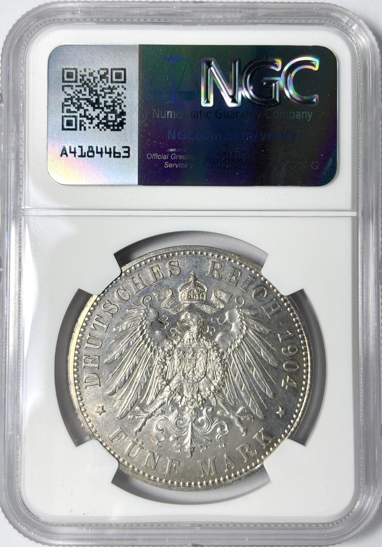 【雨安】【世界币章112-113期】周五/周六 两场连拍 2025-11-01 周六 19:30 保真 8秒倒数自动落锤 高效拍卖 [评级德国] Germany 德国 帝国 J.075 黑森-达姆施塔特 5马克 (1904) 腓力一世400周年 1904年 NGC-UNC