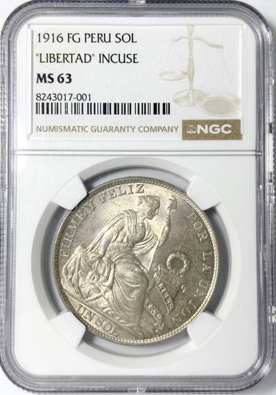 【雨安】【世界币章112-113期】周五/周六 两场连拍 2025-11-01 周六 19:30 保真 8秒倒数自动落锤 高效拍卖 - [评级美洲] Peru 秘鲁 1索尔 KM#0196 (1864-1916) 自由女神坐像 1916年 NGC-MS63