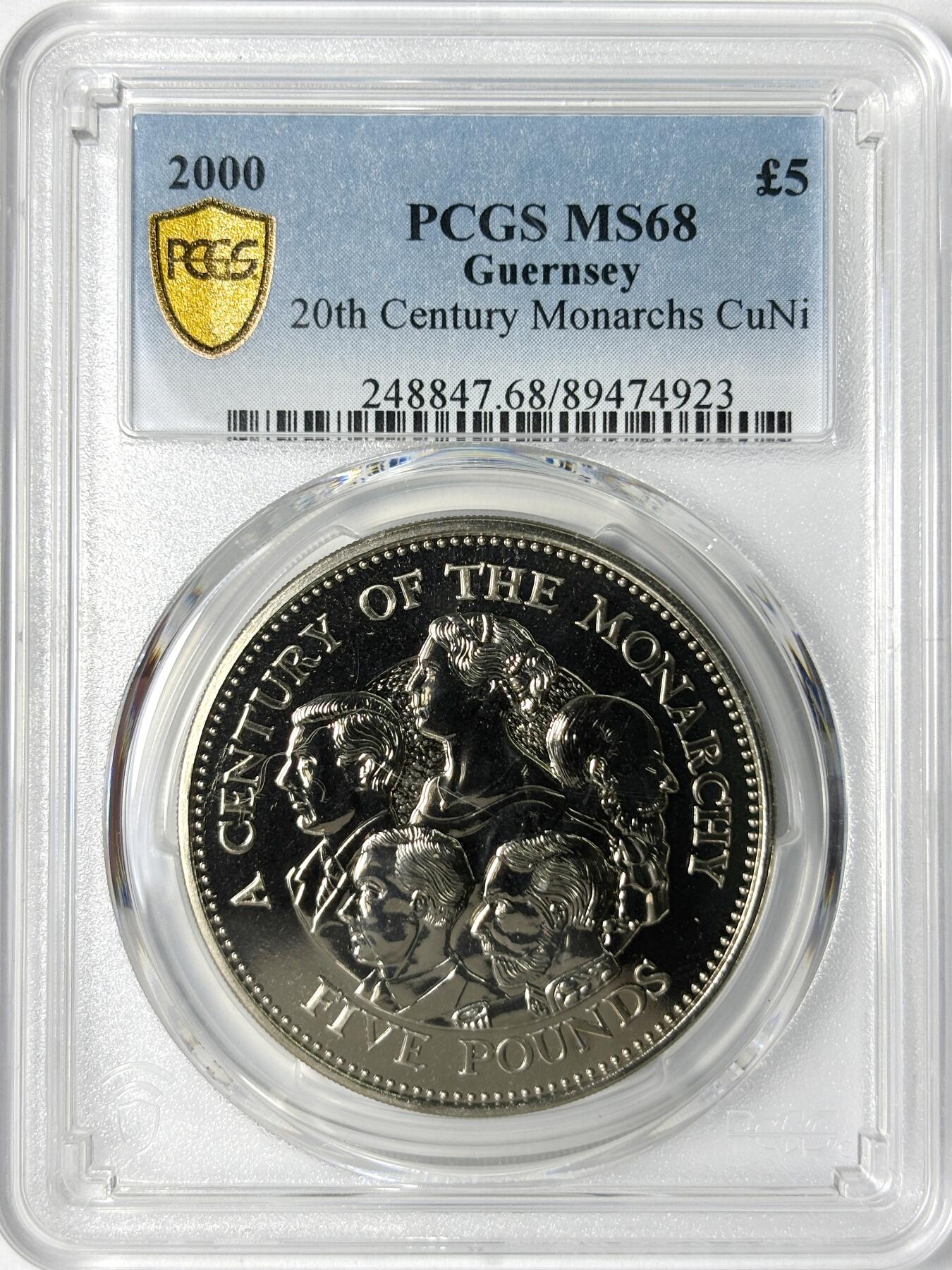 【雨安】【世界币章112-113期】周五/周六 两场连拍 2025-11-01 周六 19:30 保真 8秒倒数自动落锤 高效拍卖 [评级现代] Guernsey 根西 5镑 2000年 20世纪帝王 PCGS-MS68