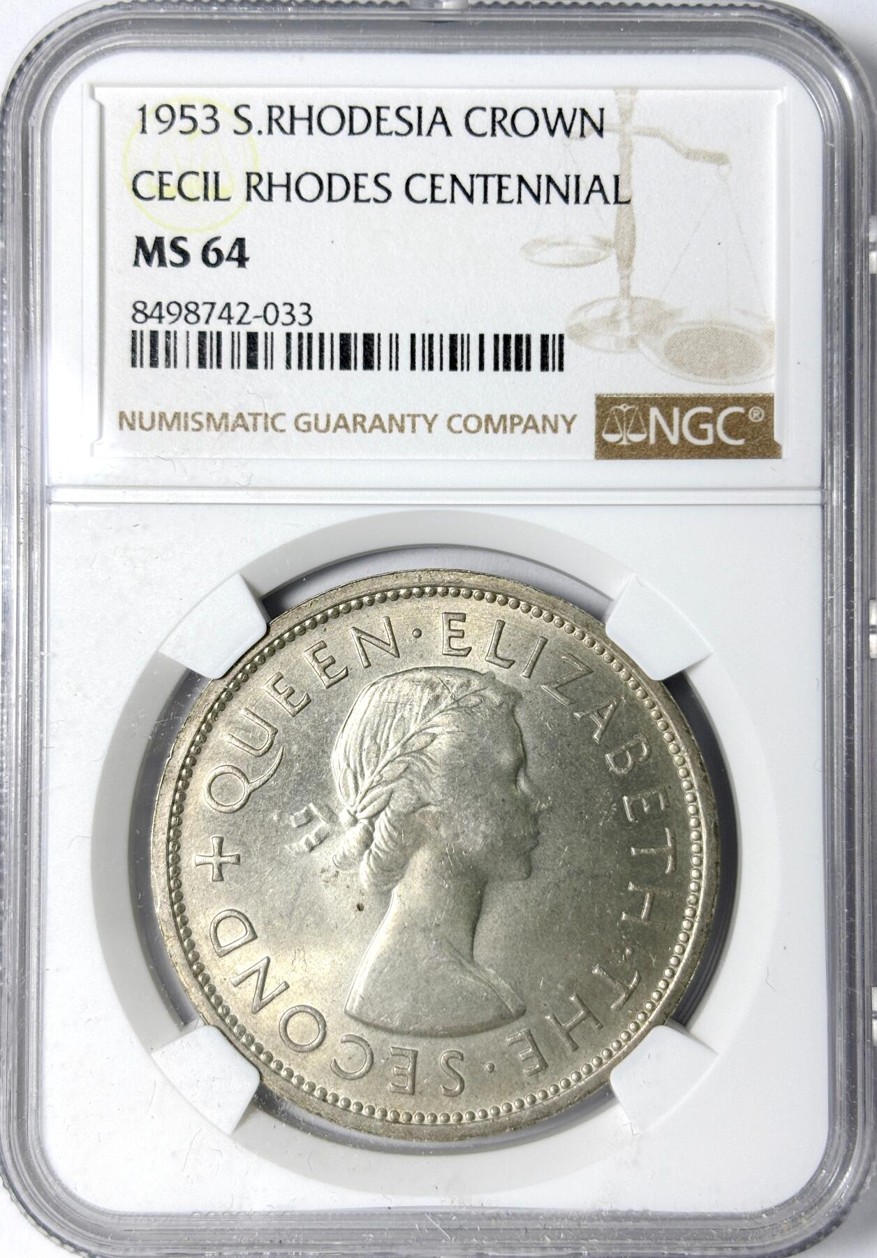 【雨安】【世界币章112-113期】周五/周六 两场连拍 2025-11-01 周六 19:30 保真 8秒倒数自动落锤 高效拍卖 [评级非洲] Southern Rhodesia 南罗得西亚 1克朗 1953年 伊丽莎白二世 NGC-MS64