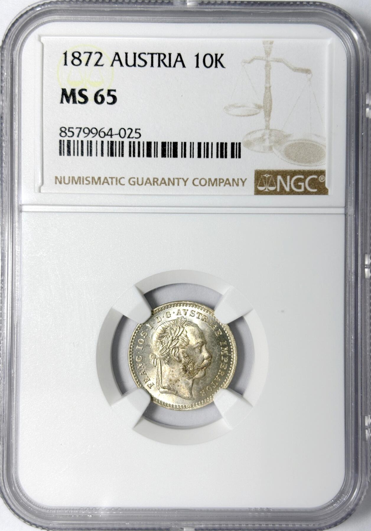 【雨安】【世界币章112-113期】周五/周六 两场连拍 2025-11-01 周六 19:30 保真 8秒倒数自动落锤 高效拍卖 [评级欧洲] Austria 奥地利 10克鲁泽 1872年 NGC-MS65