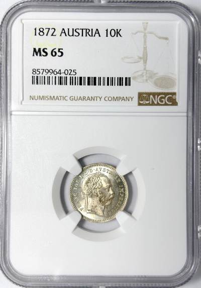 【雨安】【世界币章112-113期】周五/周六 两场连拍 2025-11-01 周六 19:30 保真 8秒倒数自动落锤 高效拍卖 - [评级欧洲] Austria 奥地利 10克鲁泽 1872年 NGC-MS65