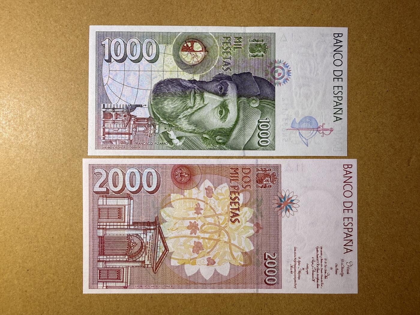 《艾美收藏》第218期-11.2周日外币荟萃 西班牙1000、2000比塞塔2张 UNC 末版 无47