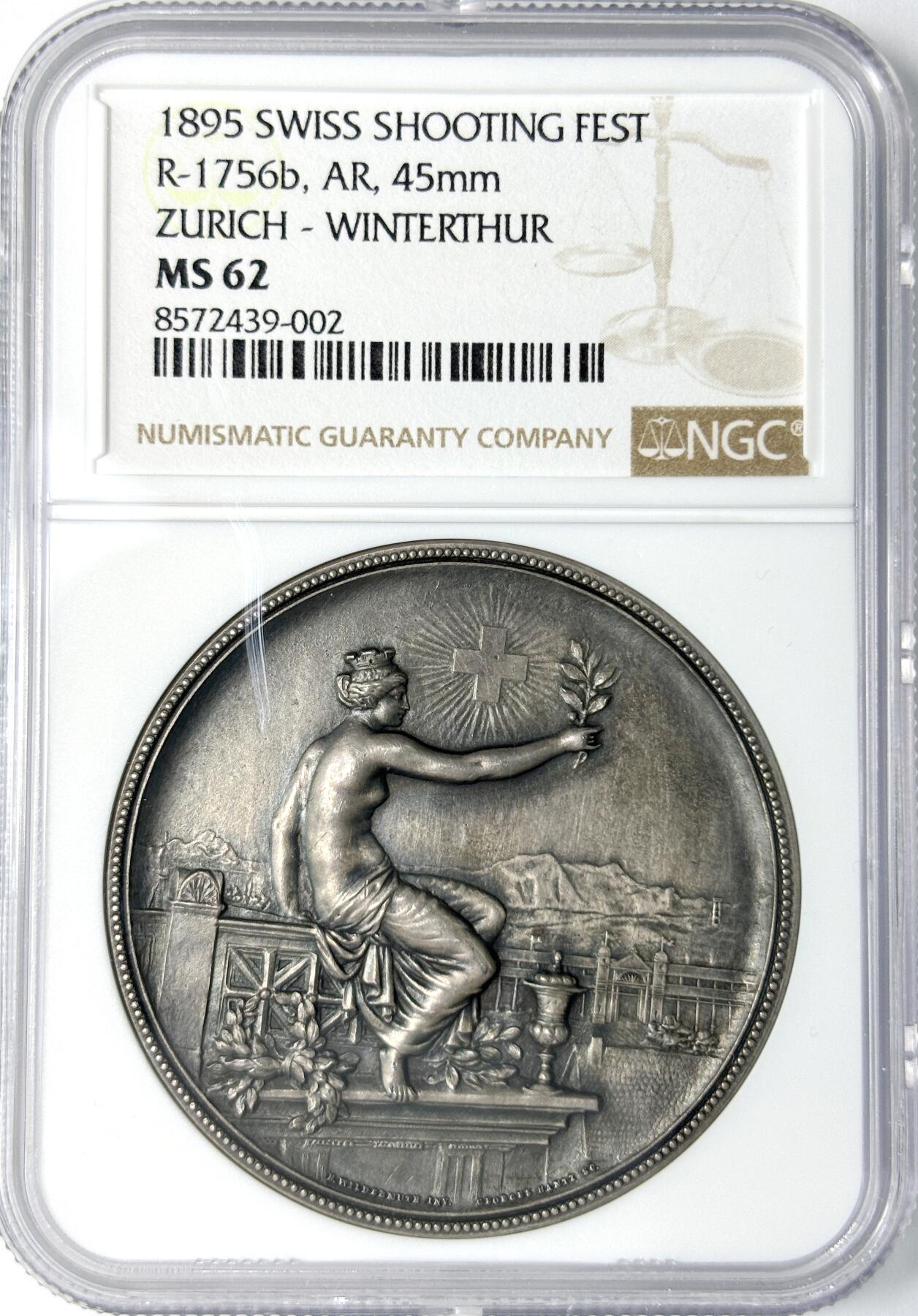 【雨安】【世界币章112-113期】周五/周六 两场连拍 2025-11-01 周六 19:30 保真 8秒倒数自动落锤 高效拍卖 [章] Switzerland 章 瑞士 1895年 射击节 苏黎世 Zurich-Winterthur 银章 NGC-MS62