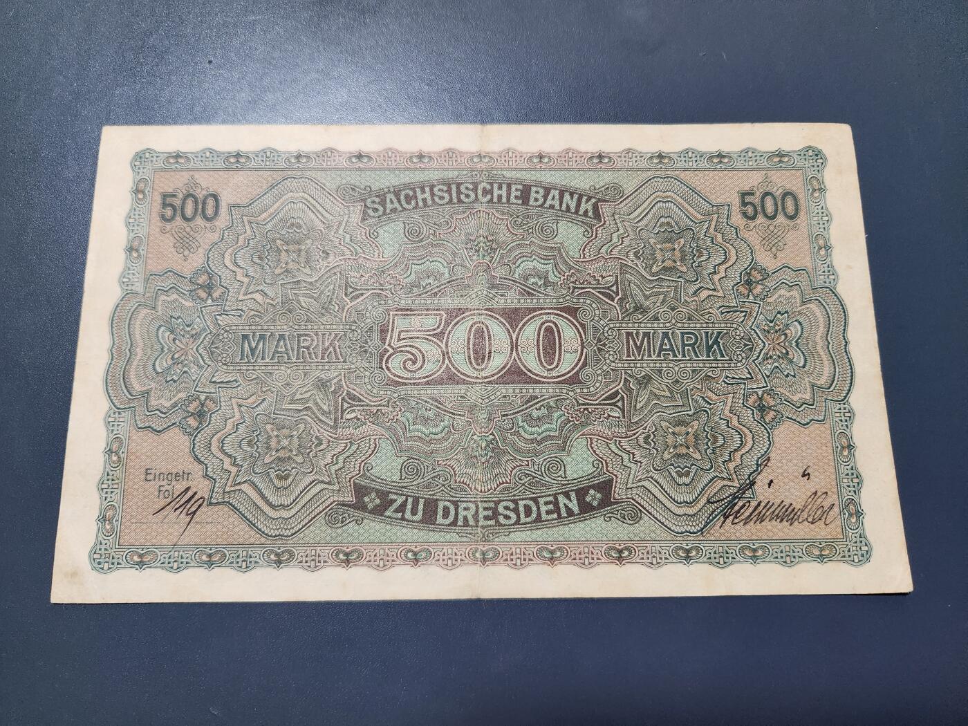 11月1号晚上8点 外国纸币自动截拍第50场 德国萨克森银行1922年500马克纸币 原票美品