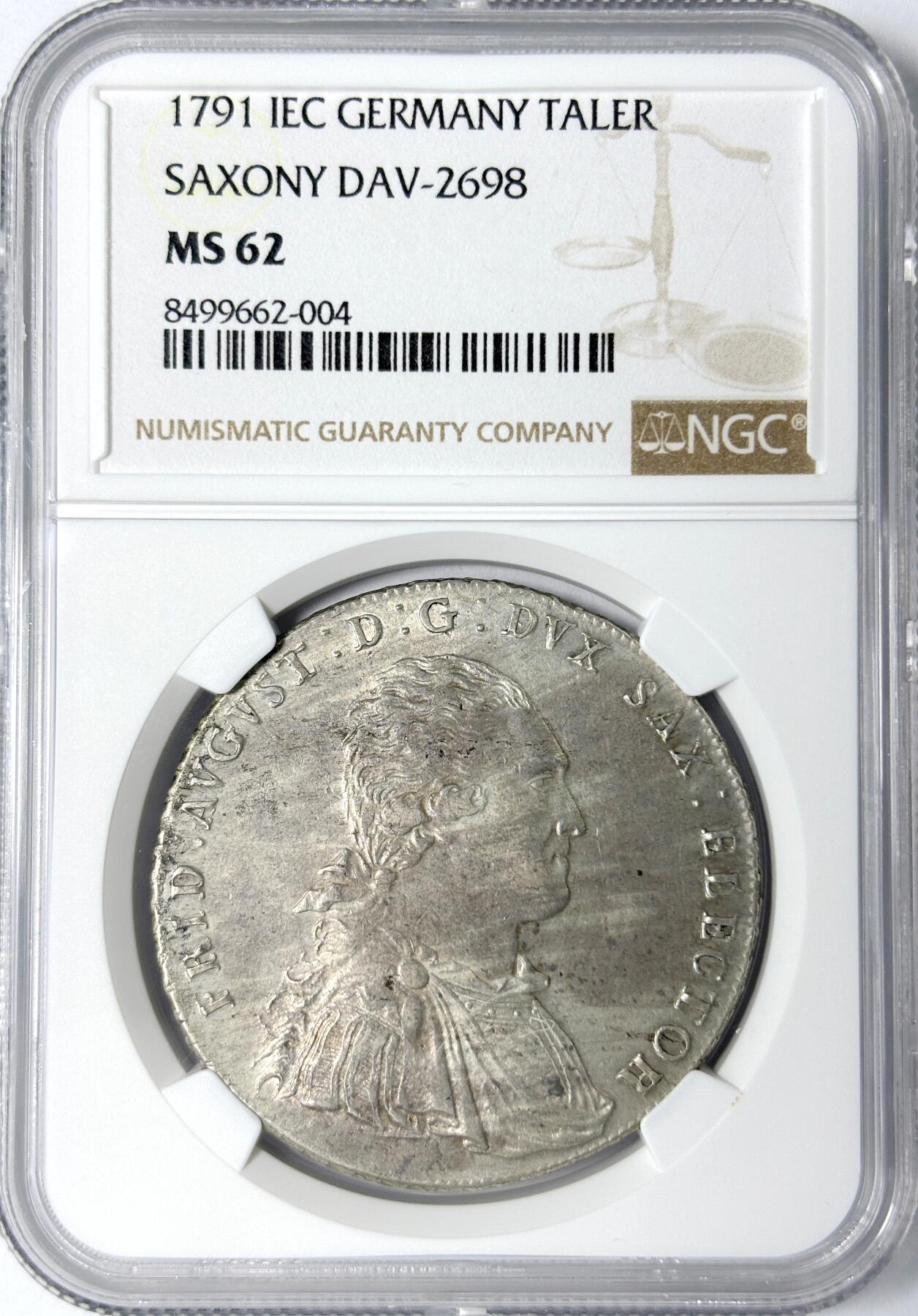 【雨安】【世界币章112-113期】周五/周六 两场连拍 2025-11-01 周六 19:30 保真 8秒倒数自动落锤 高效拍卖 [评级德国] Germany 德国 德意志 1泰勒 Saxony萨克森 奥古斯特 军装 1791年 NGC-MS62 同一老藏家精选萨克森经典泰勒收藏