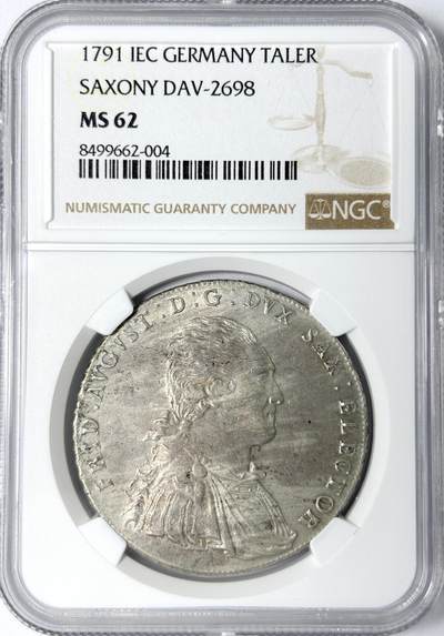 【雨安】【世界币章112-113期】周五/周六 两场连拍 2025-11-01 周六 19:30 保真 8秒倒数自动落锤 高效拍卖 - [评级德国] Germany 德国 德意志 1泰勒 Saxony萨克森 奥古斯特 军装 1791年 NGC-MS62 同一老藏家精选萨克森经典泰勒收藏