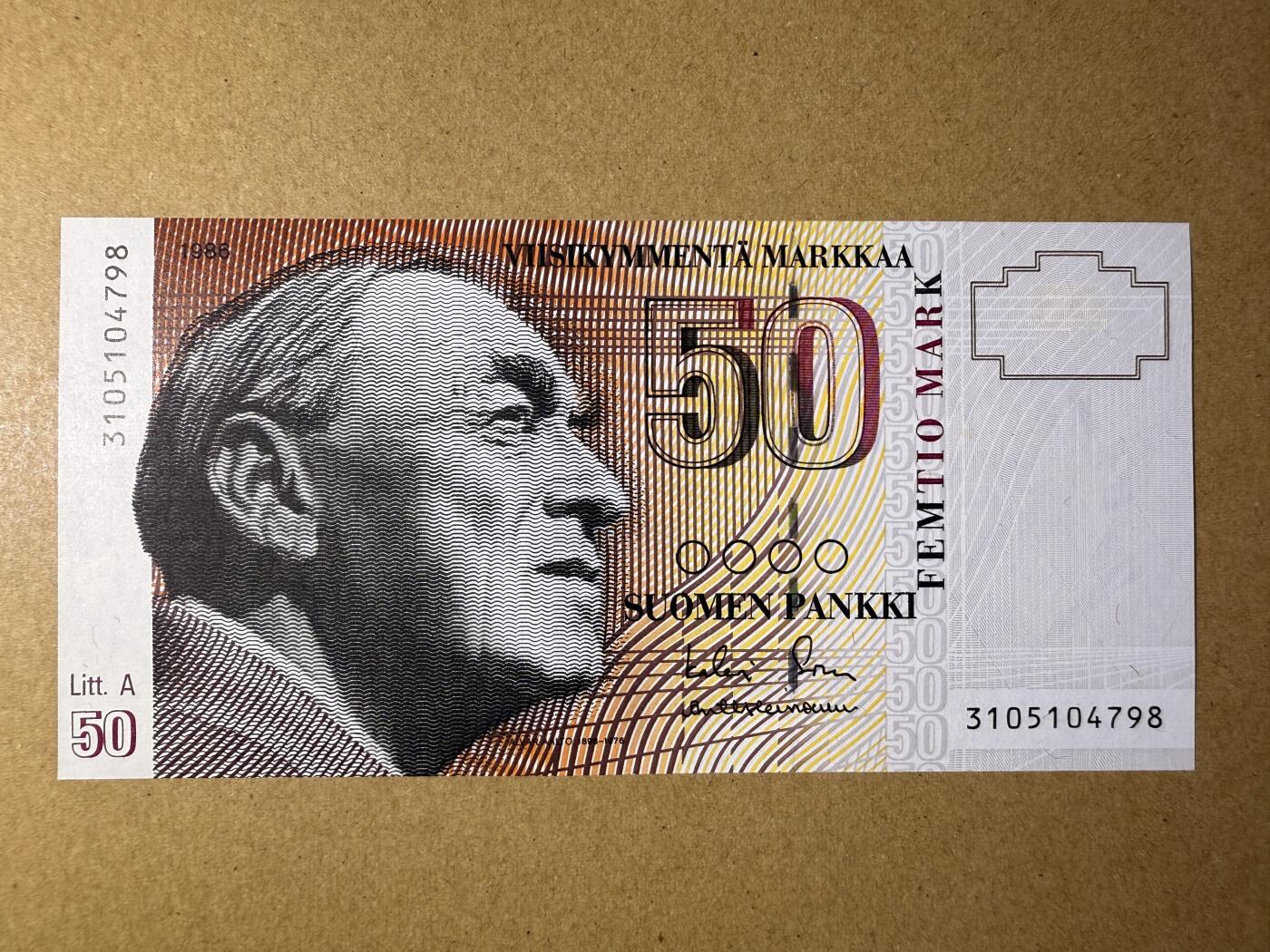 《艾美收藏》第218期-11.2周日外币荟萃 芬兰50马克 UNC 1991年 芬兰建筑师阿尔托