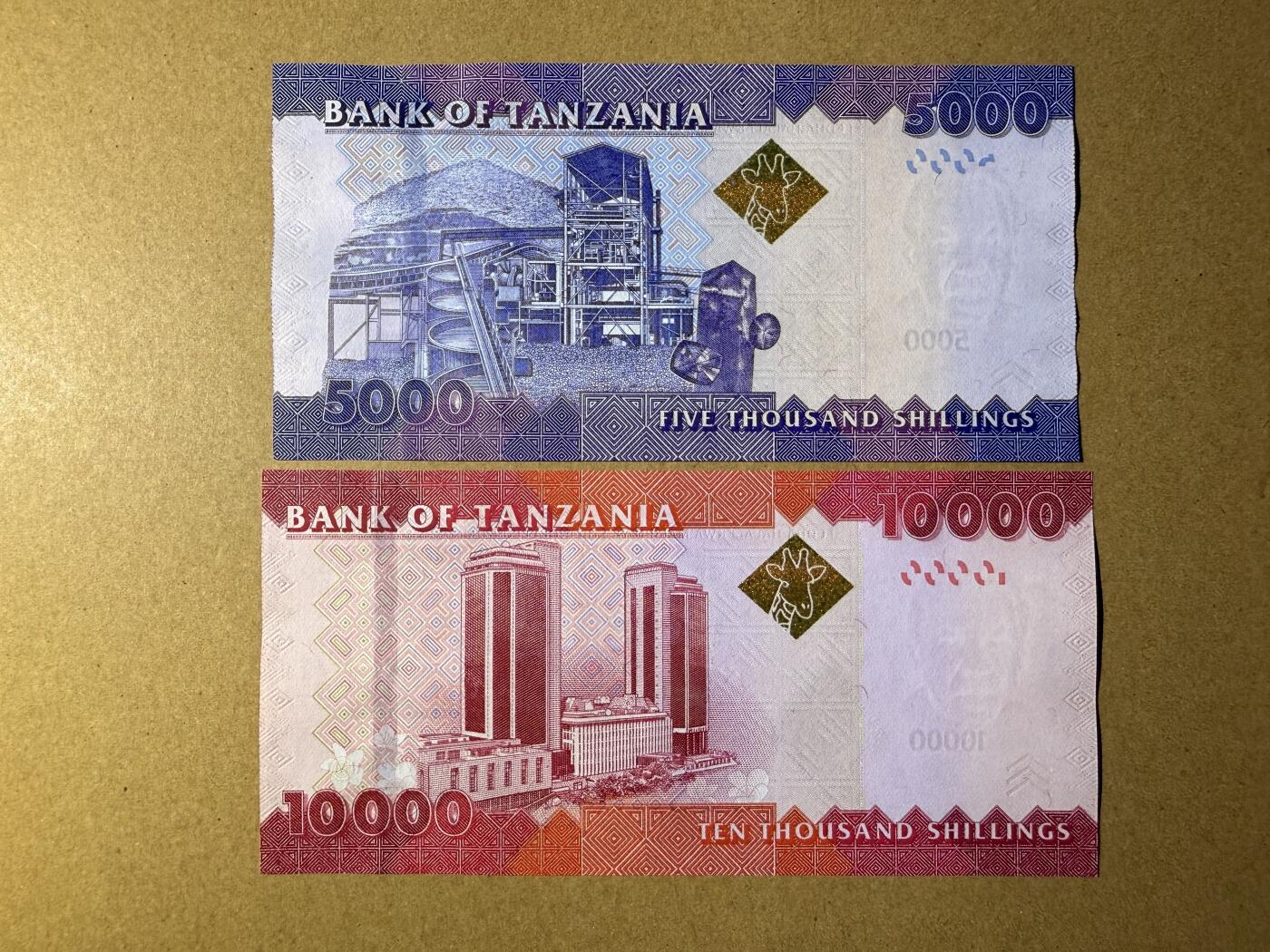 《艾美收藏》第218期-11.2周日外币荟萃 坦桑尼亚5000、10000先令2张 UNC 犀牛和大象