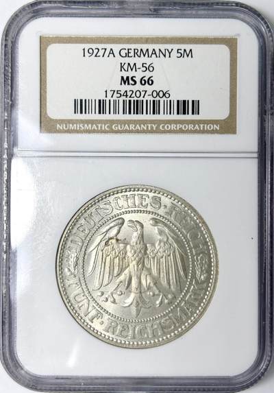 【雨安】【世界币章112-113期】周五/周六 两场连拍 2025-11-01 周六 19:30 保真 8秒倒数自动落锤 高效拍卖 - [评级德国] Germany 德国 魏玛 5马克 KM#56 橡树 1927年 NGC-MS66