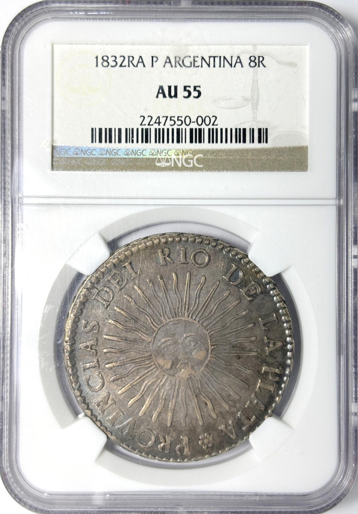 【雨安】【世界币章112-113期】周五/周六 两场连拍 2025-11-01 周六 19:30 保真 8秒倒数自动落锤 高效拍卖 [评级美洲] Argentina 阿根廷 8里亚尔 1832年 太阳 NGC-AU55
