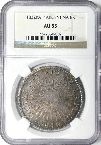 【雨安】【世界币章112-113期】周五/周六 两场连拍 2025-11-01 周六 19:30 保真 8秒倒数自动落锤 高效拍卖 - [评级美洲] Argentina 阿根廷 8里亚尔 1832年 太阳 NGC-AU55