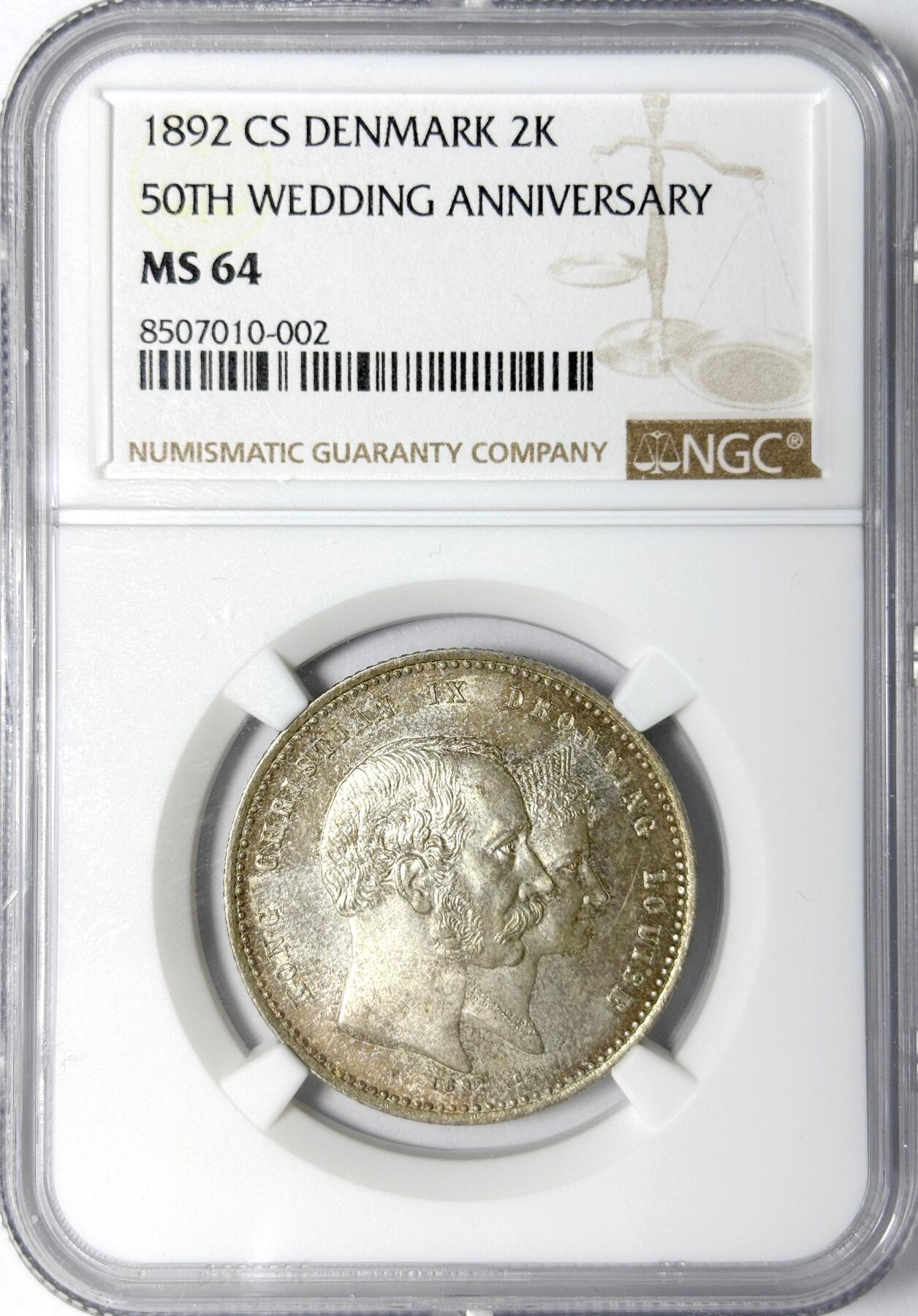 【雨安】【世界币章112-113期】周五/周六 两场连拍 2025-11-01 周六 19:30 保真 8秒倒数自动落锤 高效拍卖 [评级欧洲] Denmark 丹麦 2克朗 1892年 克里斯蒂安九世 结婚50周年纪念 NGC-MS64