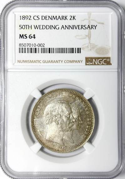 【雨安】【世界币章112-113期】周五/周六 两场连拍 2025-11-01 周六 19:30 保真 8秒倒数自动落锤 高效拍卖 - [评级欧洲] Denmark 丹麦 2克朗 1892年 克里斯蒂安九世 结婚50周年纪念 NGC-MS64