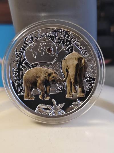 第180期拍卖【长期征集拍品】【北京币展专场】 - 纽埃2016年濒危动物物种亚洲象镶嵌水晶彩银币，999银，17.5克，发行2000枚