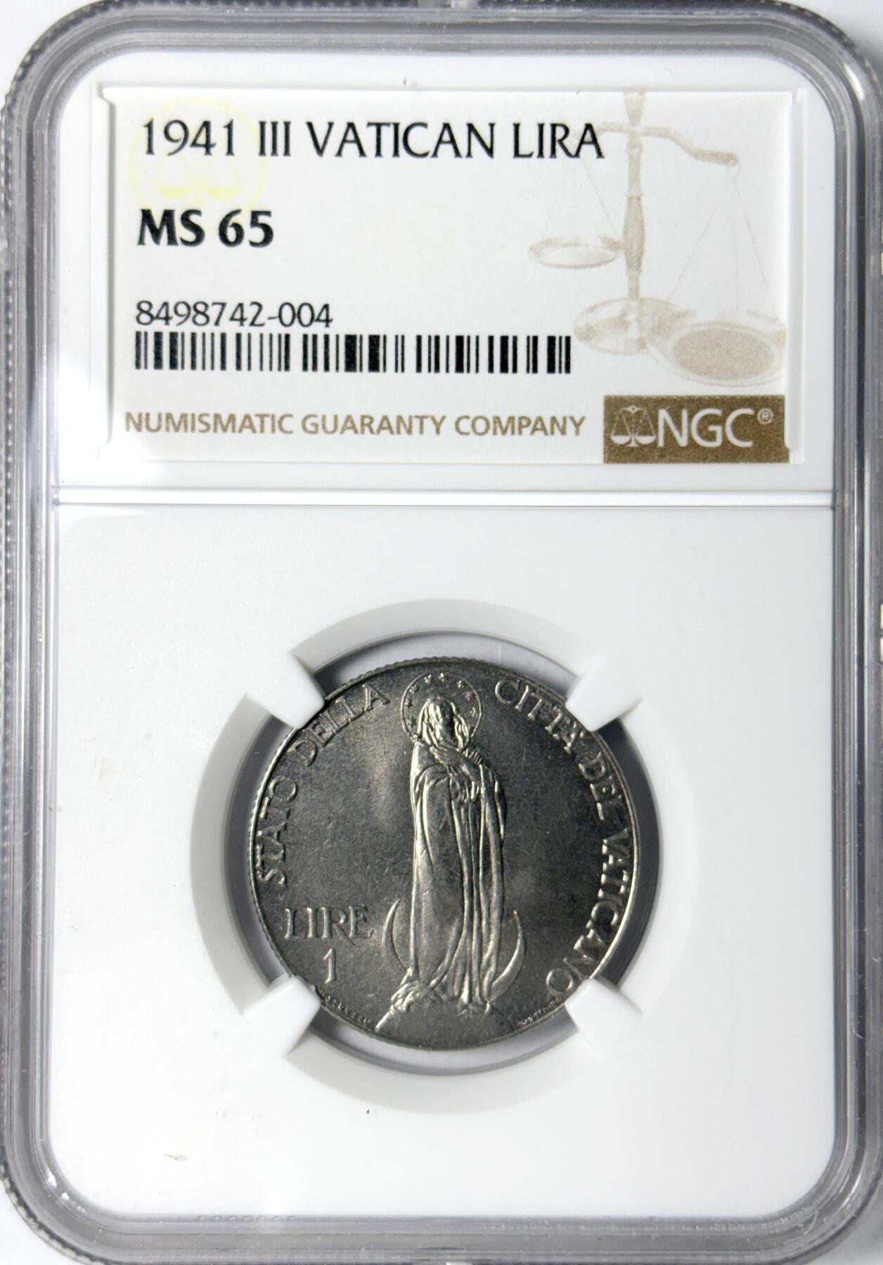 【雨安】【世界币章112-113期】周五/周六 两场连拍 2025-11-01 周六 19:30 保真 8秒倒数自动落锤 高效拍卖 [评级欧洲] Vatican 梵蒂冈 1里拉 1941年 NGC-MS65