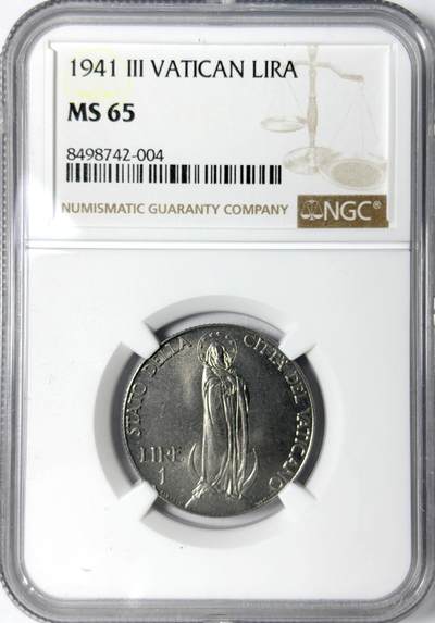 【雨安】【世界币章112-113期】周五/周六 两场连拍 2025-11-01 周六 19:30 保真 8秒倒数自动落锤 高效拍卖 - [评级欧洲] Vatican 梵蒂冈 1里拉 1941年 NGC-MS65