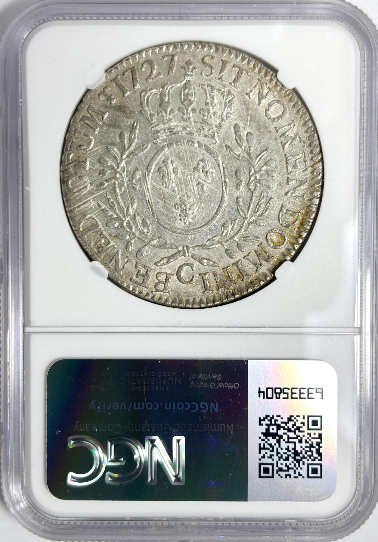 【雨安】【世界币章112-113期】周五/周六 两场连拍 2025-11-01 周六 19:30 保真 8秒倒数自动落锤 高效拍卖 [评级法国] France 法国 1埃居 KM#0486 (1726-1739) 路易十五 青年版 1727年 NGC-AU