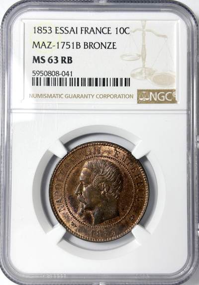 【雨安】【世界币章112-113期】周五/周六 两场连拍 2025-11-01 周六 19:30 保真 8秒倒数自动落锤 高效拍卖 - [评级法国] France 法国 样币 Maz1751b 拿破仑三世 10分 1853年 NGC-MS63