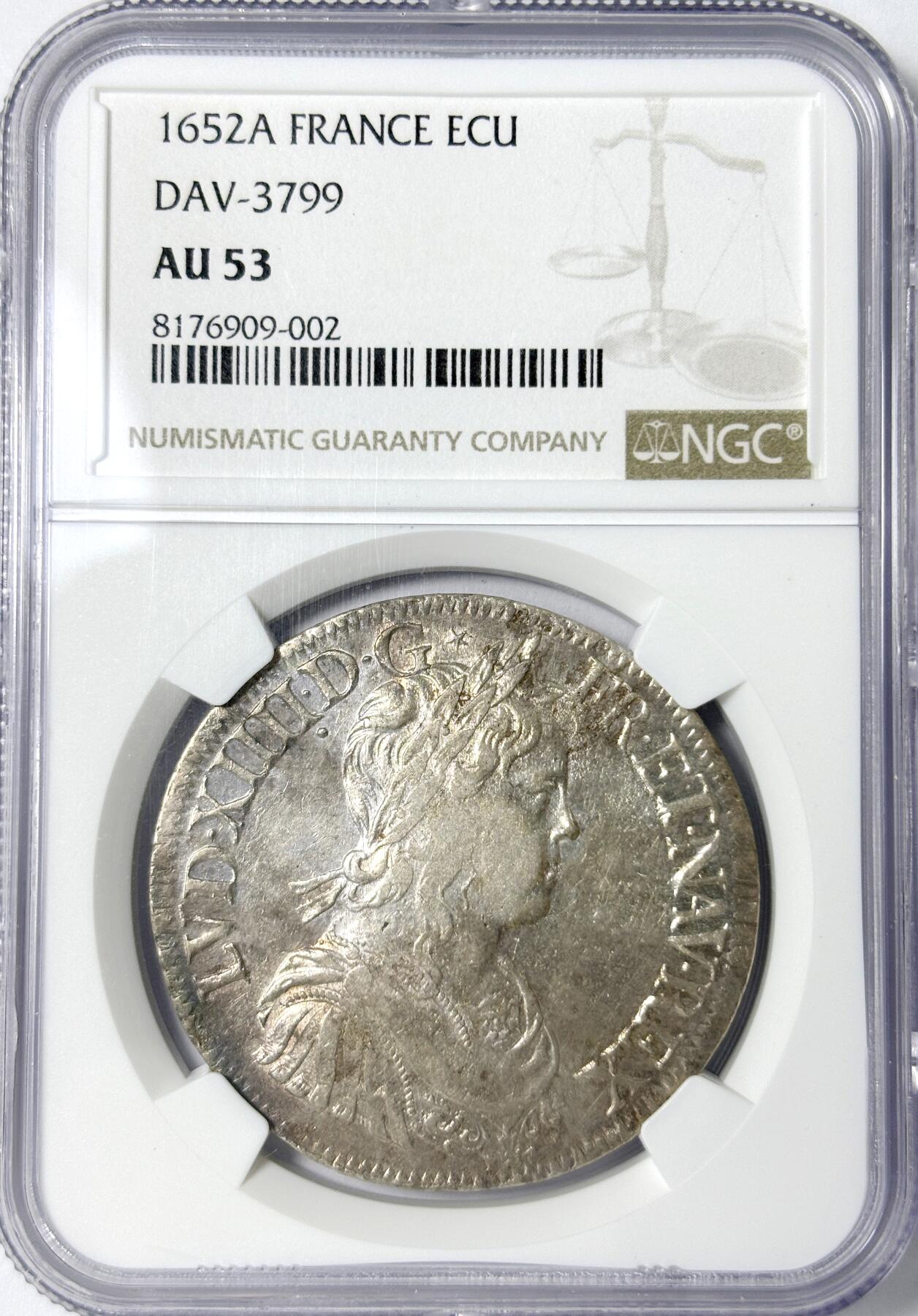 【雨安】【世界币章112-113期】周五/周六 两场连拍 2025-11-01 周六 19:30 保真 8秒倒数自动落锤 高效拍卖 [评级法国] France 法国 1埃居 KM#0155 DAV-3799 (1646-1653) 路易十四 儿童版2nd 1652年 NGC-AU53