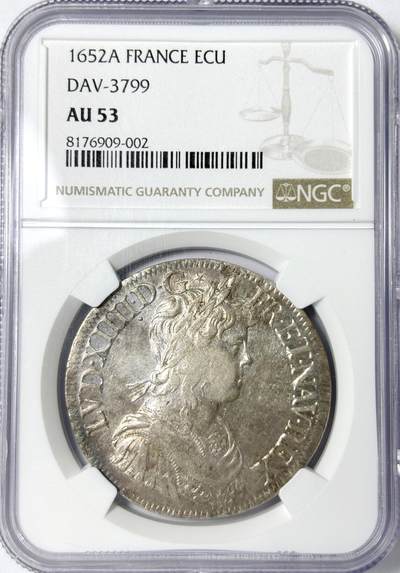 【雨安】【世界币章112-113期】周五/周六 两场连拍 2025-11-01 周六 19:30 保真 8秒倒数自动落锤 高效拍卖 - [评级法国] France 法国 1埃居 KM#0155 DAV-3799 (1646-1653) 路易十四 儿童版2nd 1652年 NGC-AU53