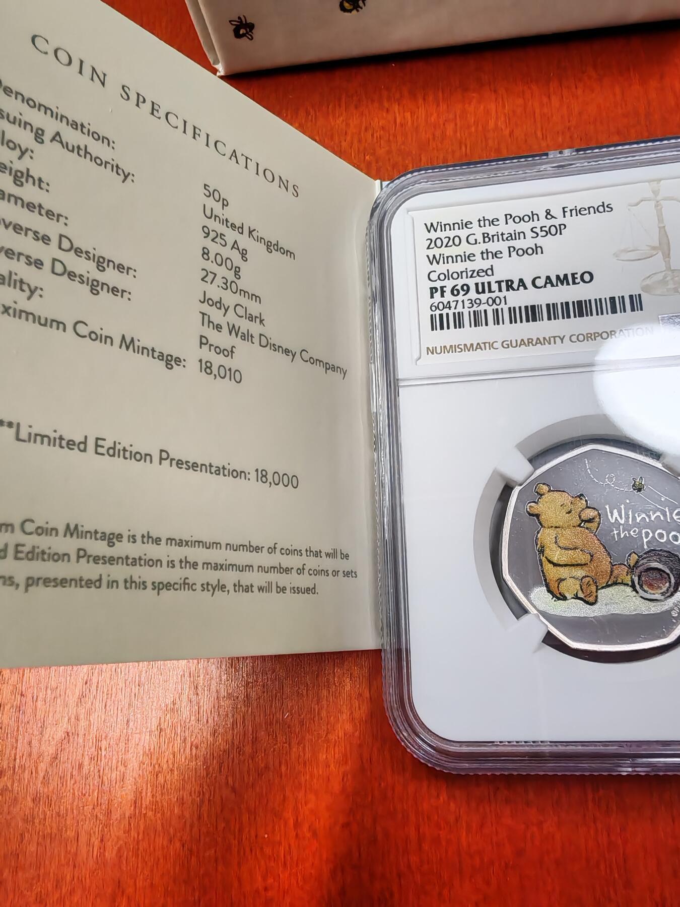 长老汇蛇年精选第六十九场拍卖 2020英国维尼熊50便士彩色精制银币，NGC PF69UC，盒证全