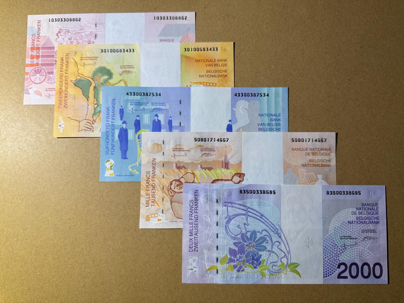 《艾美收藏》第218期-11.2周日外币荟萃 比利时100、200、500、1000、2000法郎5张UNC 末版 原票 张张好品相