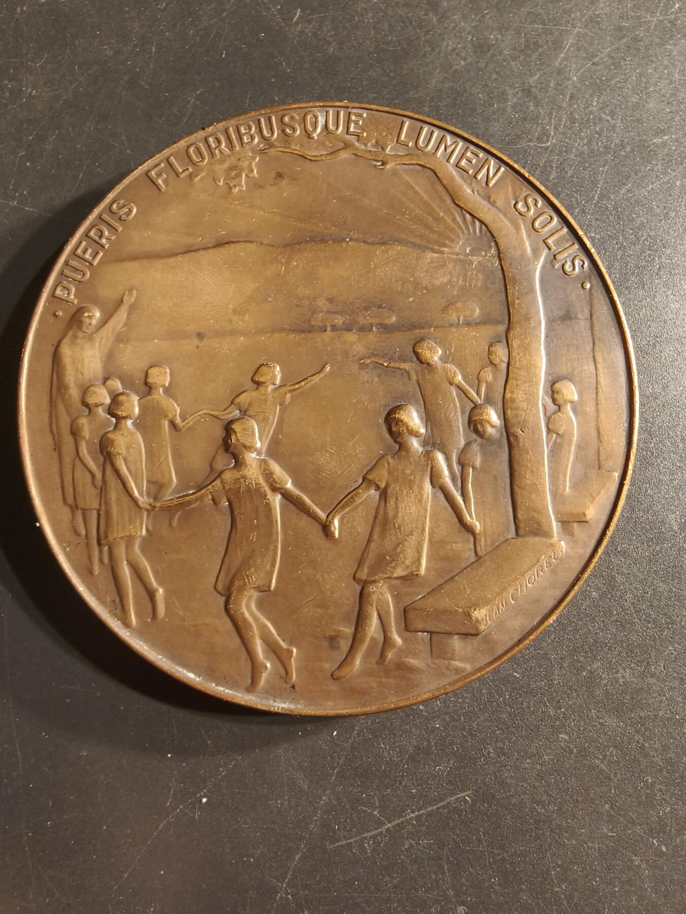 老王徽章第160期 法国里昂医院穆塞特医生大铜章      高浮雕      背面拉丁文意为“阳光照耀着孩子们和花朵”       直径78mm.    重量246.7g
