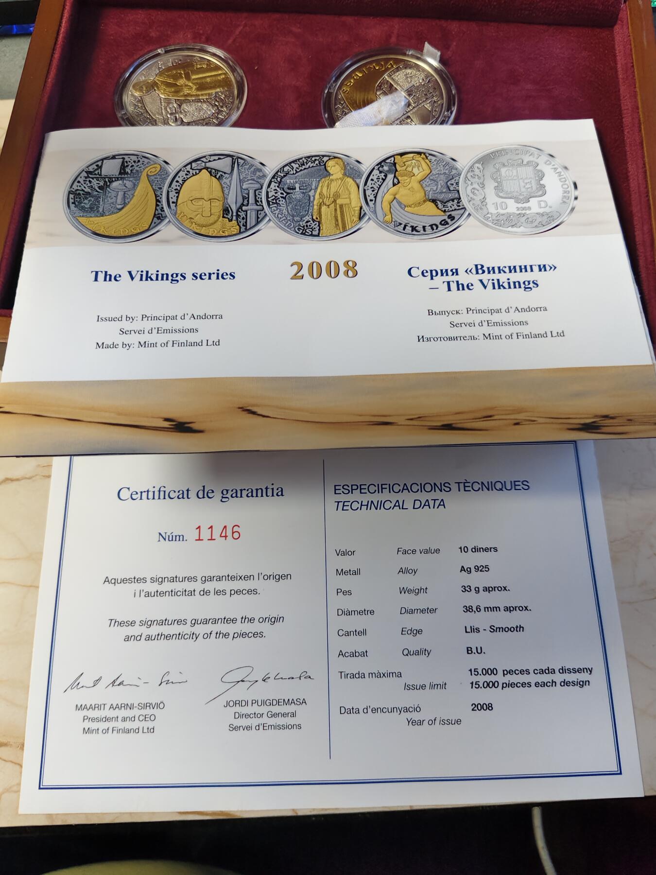 第180期拍卖【长期征集拍品】【北京币展专场】 安道尔2008年维京海盗系列10第纳尔镀金银币4枚套，925银镀金，33克*4，发行15000枚，有氧化