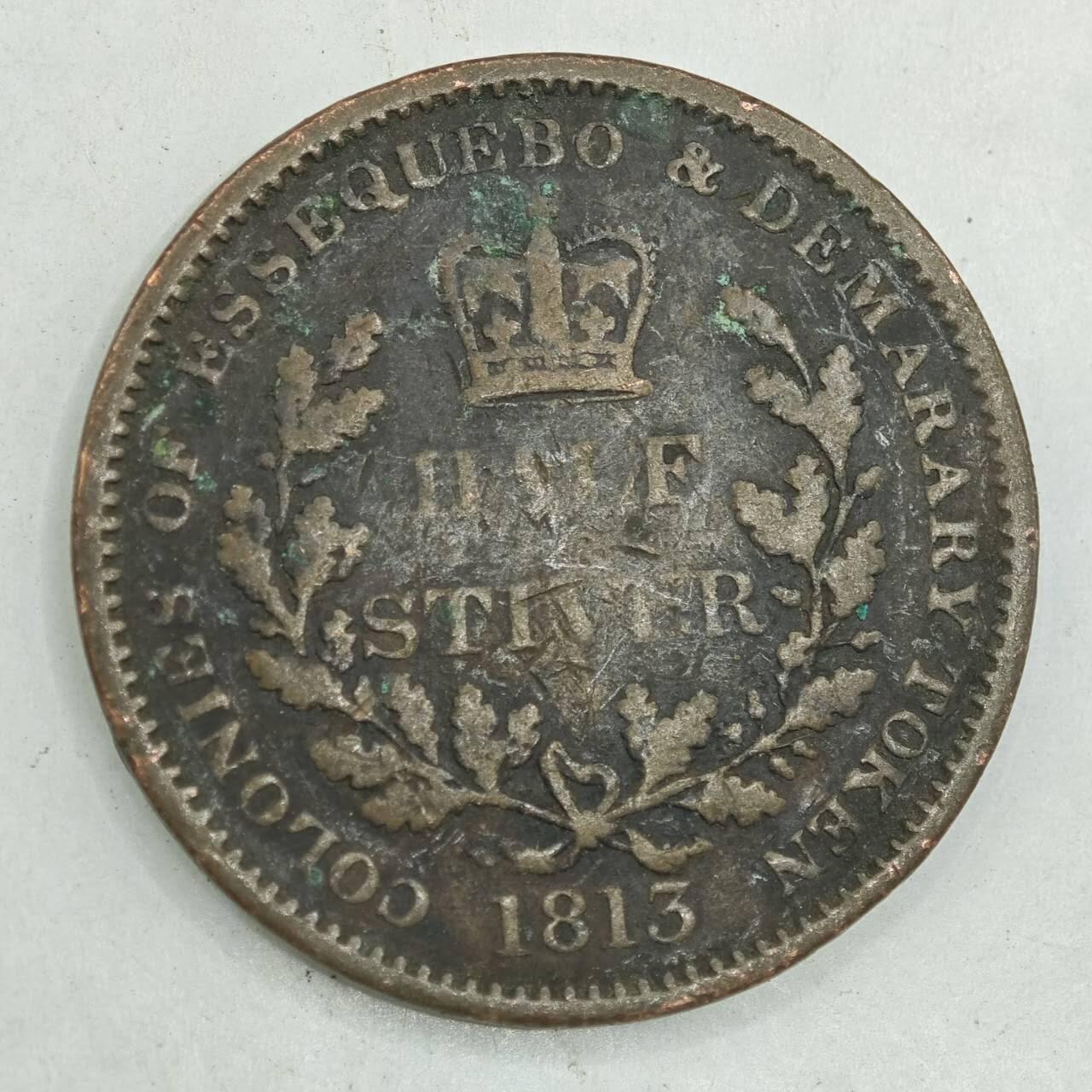 【淘币小摊】限时拍第七百八十四拍  老铜币场  满百包邮可预留两周  周一统一发货  英属埃斯奎博德梅拉拉1813年乔治三世1/2斯蒂夫铜币