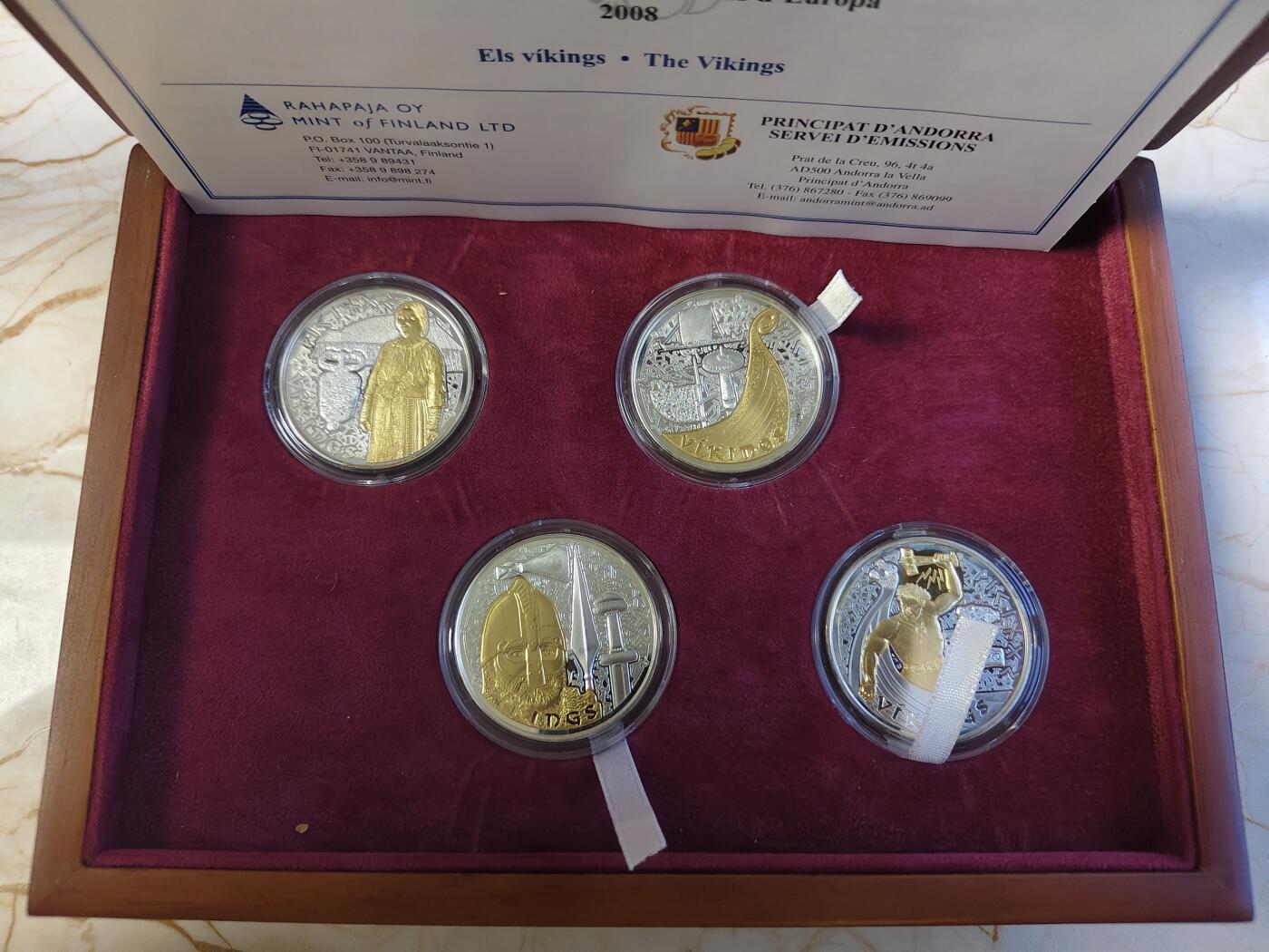 第180期拍卖【长期征集拍品】【北京币展专场】 安道尔2008年维京海盗系列10第纳尔镀金银币4枚套，925银镀金，33克*4，发行15000枚，有氧化