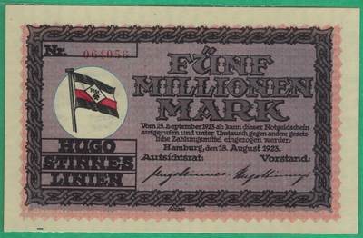 德国1923年1000000(100万)马克 雨果-施廷内斯航运公司于汉堡发行的紧急货币 实物图 UNC - 德国1923年1000000(100万)马克 雨果-施廷内斯航运公司于汉堡发行的紧急货币 实物图 UNC