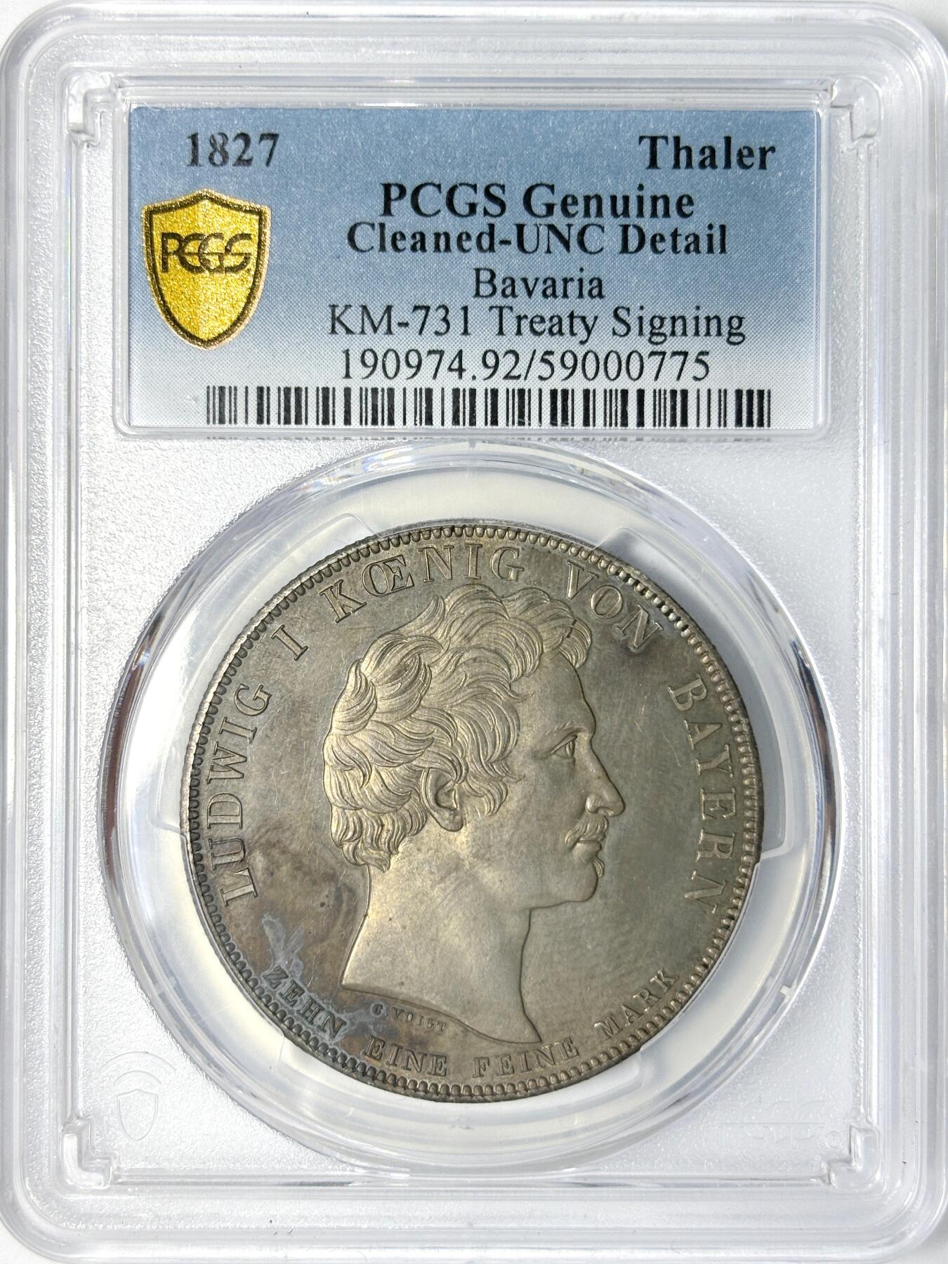 【雨安】【世界币章112-113期】周五/周六 两场连拍 2025-11-01 周六 19:30 保真 8秒倒数自动落锤 高效拍卖 [评级德国] Germany 德国 德意志 巴伐利亚 1泰勒 1827年 海关条约 路德维希一世 PCGS-UNC