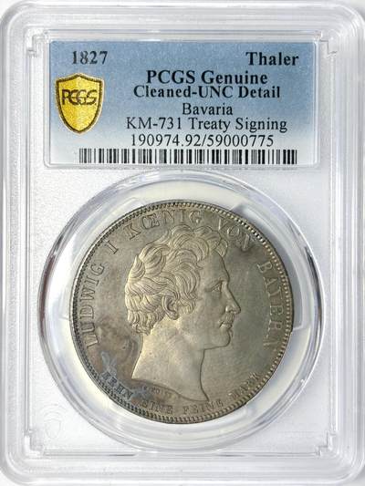 【雨安】【世界币章112-113期】周五/周六 两场连拍 2025-11-01 周六 19:30 保真 8秒倒数自动落锤 高效拍卖 - [评级德国] Germany 德国 德意志 巴伐利亚 1泰勒 1827年 海关条约 路德维希一世 PCGS-UNC