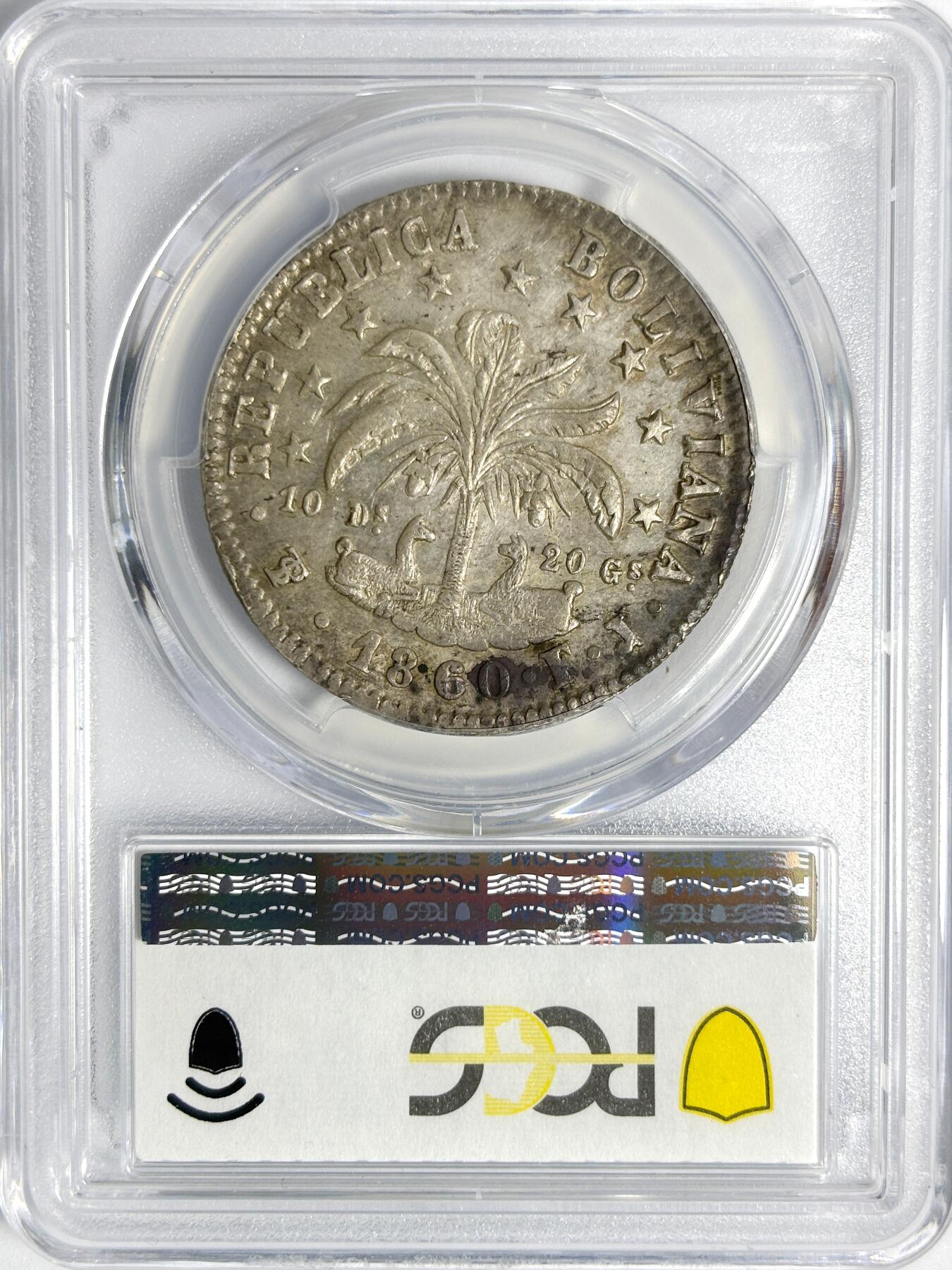 【雨安】【世界币章112-113期】周五/周六 两场连拍 2025-11-01 周六 19:30 保真 8秒倒数自动落锤 高效拍卖 [评级美洲] Bolivia 玻利维亚 8索尔 KM#0138 (1859-1860) 1860年 PCGS-AU58