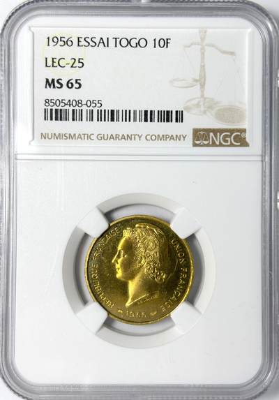 【雨安】【世界币章112-113期】周五/周六 两场连拍 2025-11-01 周六 19:30 保真 8秒倒数自动落锤 高效拍卖 - [评级样币] Togo 多哥 10法郎 1956年 样币 NGC-MS65