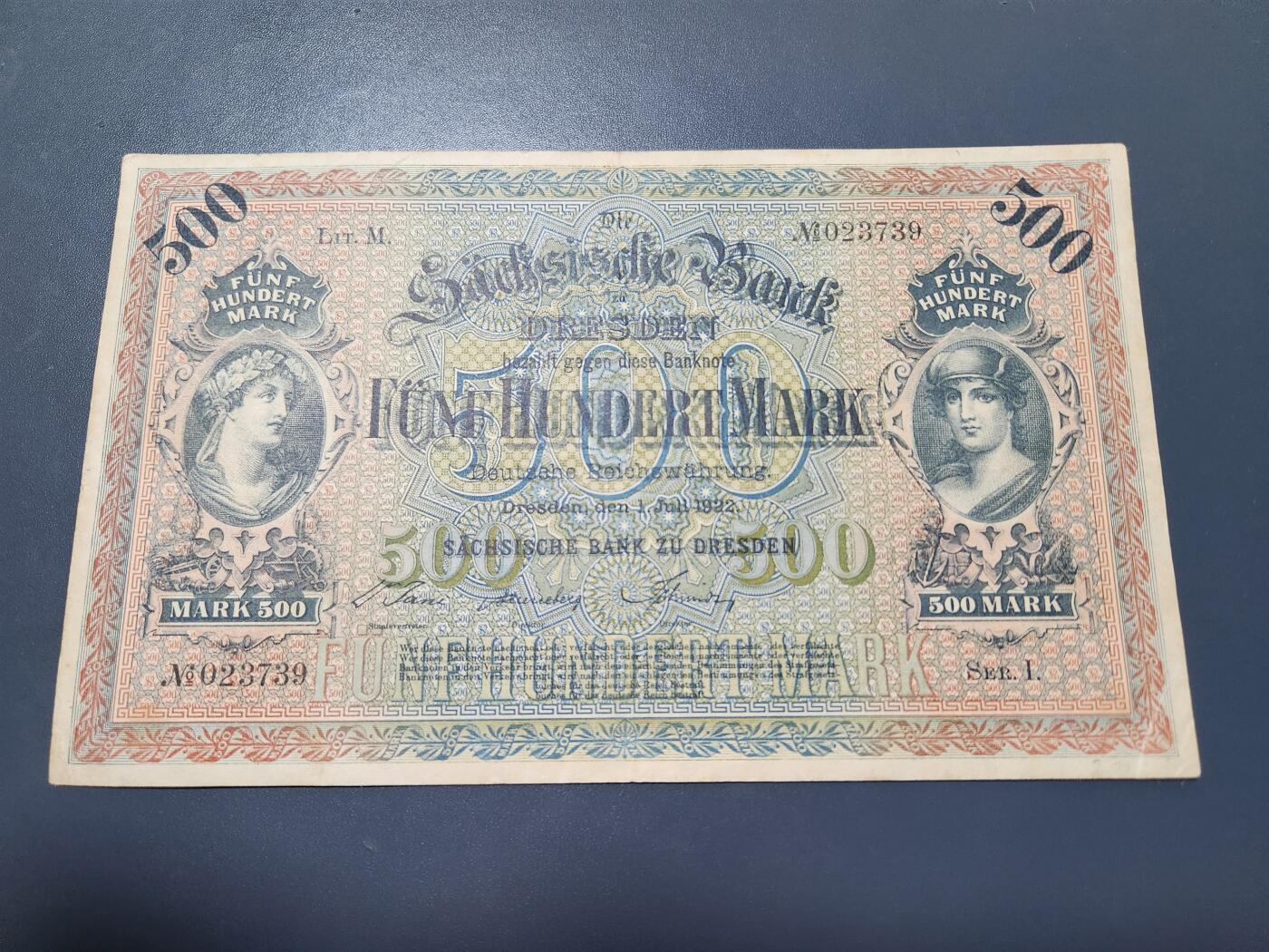11月1号晚上8点 外国纸币自动截拍第50场 德国萨克森银行1922年500马克纸币 原票美品