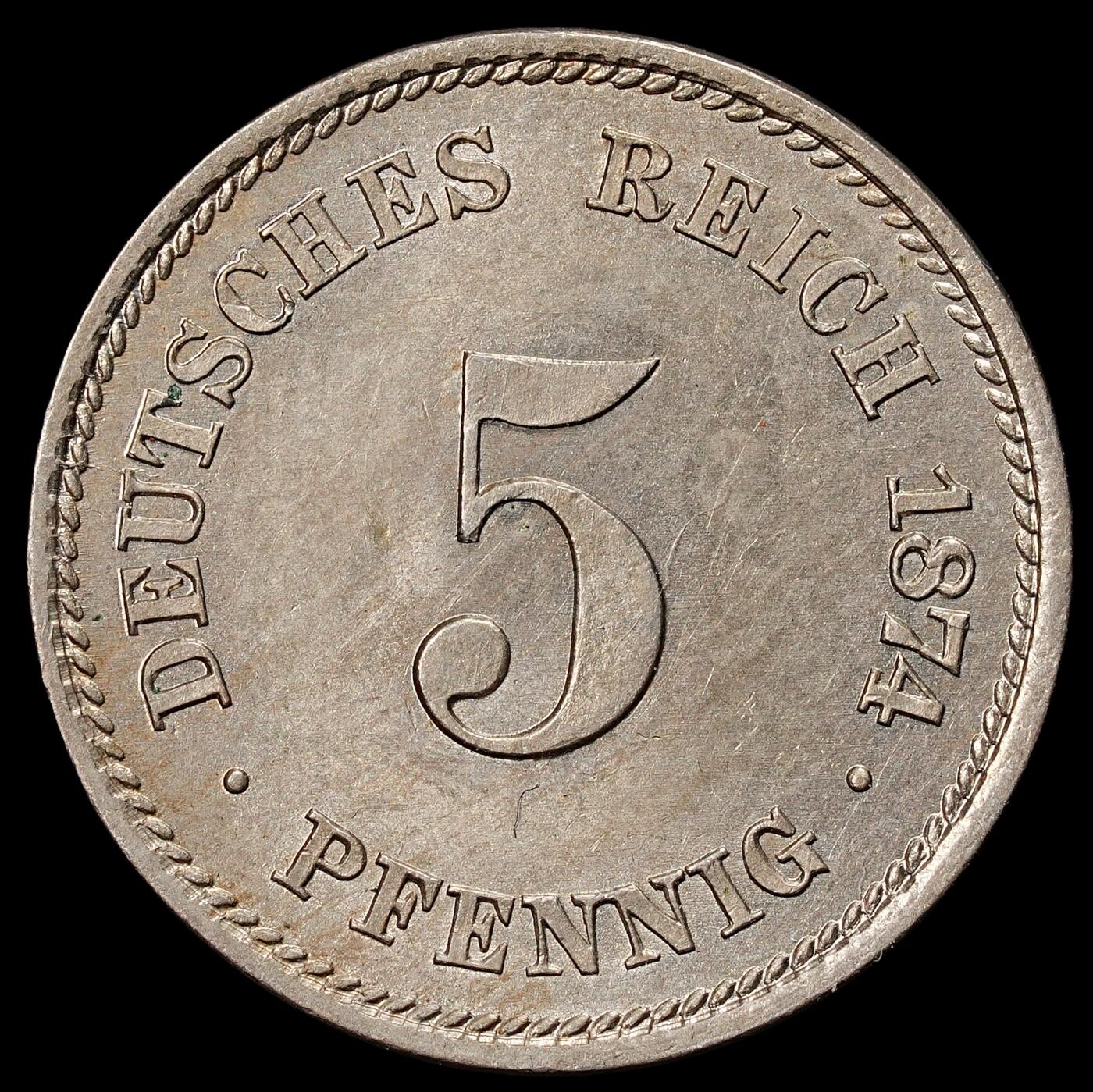 修遠堂世界钱币第九十一期 1874年德国5芬尼 A厂铭 带光