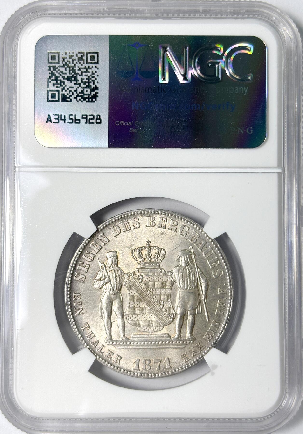 【雨安】【世界币章112-113期】周五/周六 两场连拍 2025-11-01 周六 19:30 保真 8秒倒数自动落锤 高效拍卖 [评级德国] Germany 德国 德意志 1泰勒 Saxony萨克森 Thun.350 (1868-1871) 矿业 1871年 NGC-MS63 粉光 同一老藏家精选萨克森经典泰勒收藏