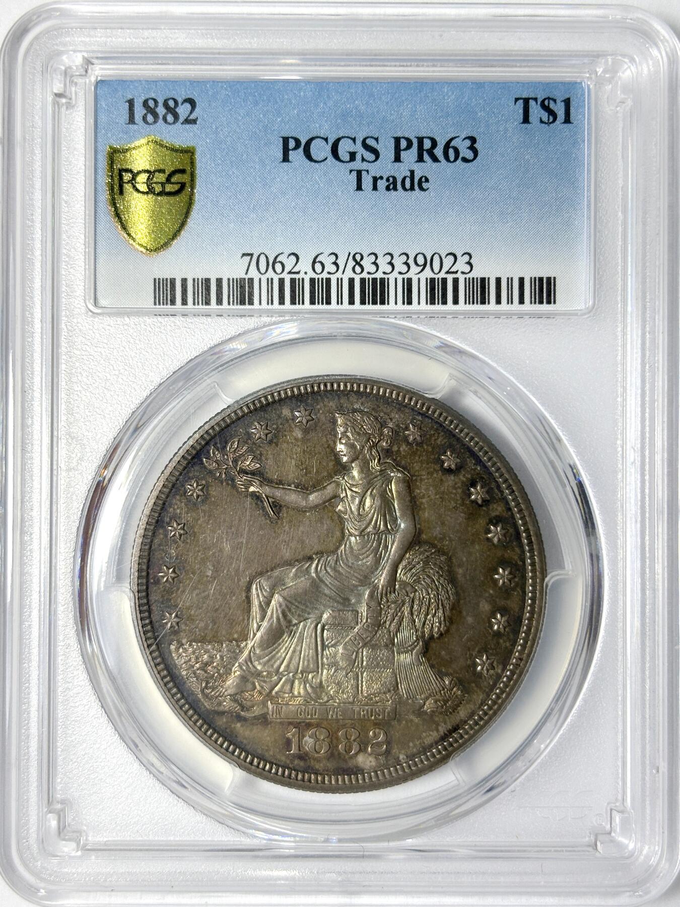 【雨安】【世界币章112-113期】周五/周六 两场连拍 2025-11-01 周六 19:30 保真 8秒倒数自动落锤 高效拍卖 [评级美洲] USA 美国 贸易银 1美元 拿花 1882年 PCGS-PR63