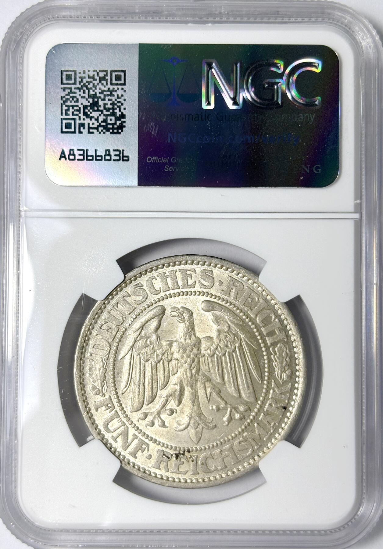 【雨安】【世界币章112-113期】周五/周六 两场连拍 2025-11-01 周六 19:30 保真 8秒倒数自动落锤 高效拍卖 [评级德国] Germany 德国 魏玛 5马克 KM#56 橡树 1931年 NGC-MS63