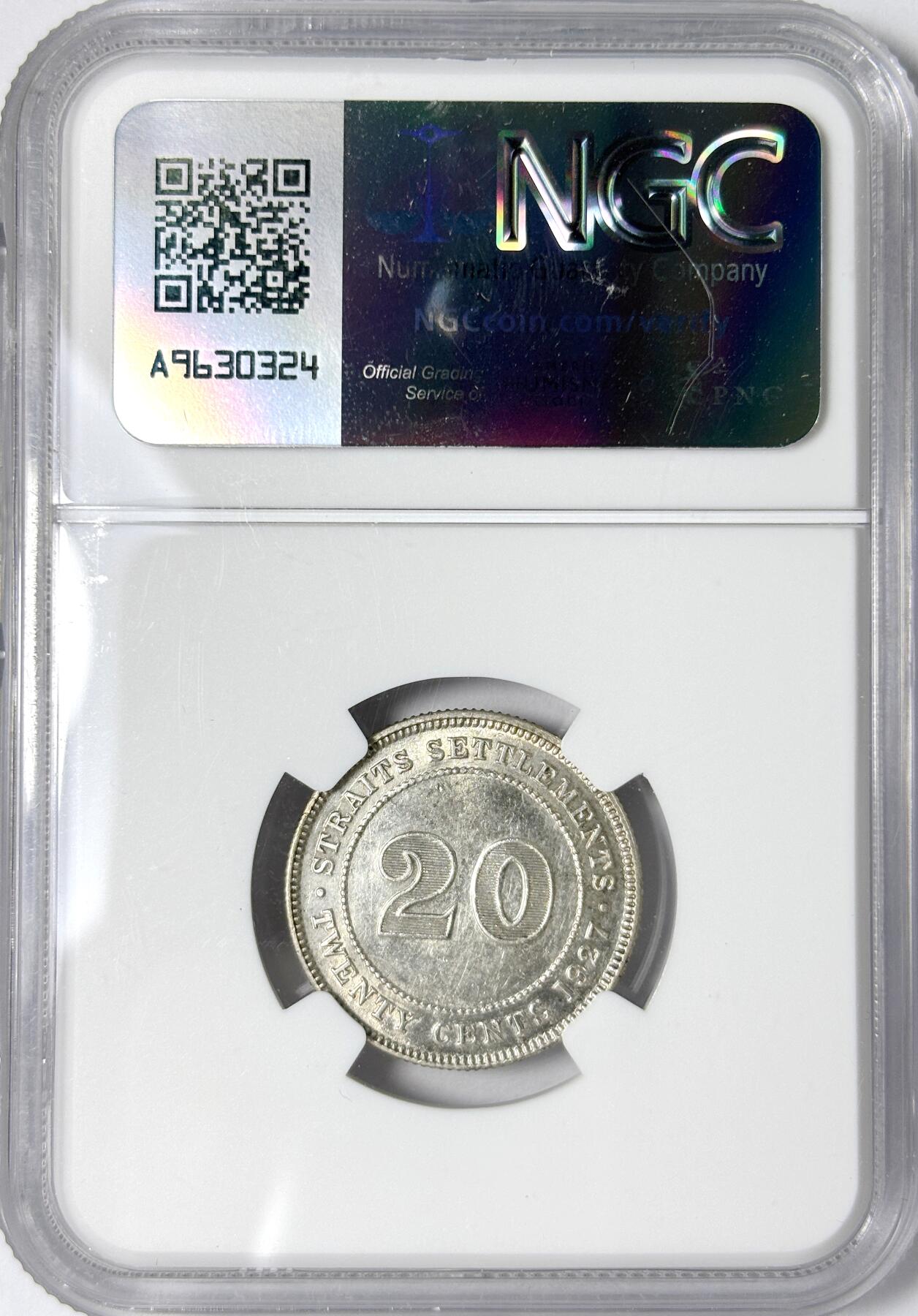 【雨安】【世界币章112-113期】周五/周六 两场连拍 2025-11-01 周六 19:30 保真 8秒倒数自动落锤 高效拍卖 [评级亚洲] Straits Settlements 英属海峡 20分 1927年 乔治五世 NGC-UNC