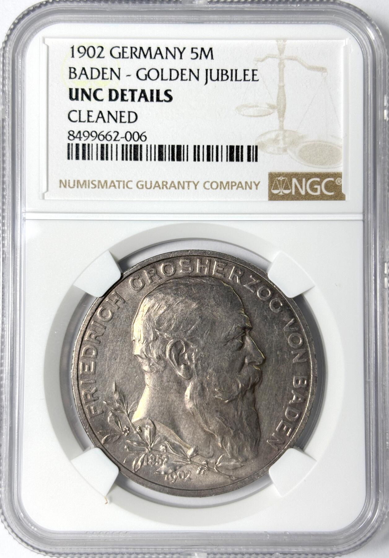 【雨安】【世界币章112-113期】周五/周六 两场连拍 2025-11-01 周六 19:30 保真 8秒倒数自动落锤 高效拍卖 [评级德国] Germany 德国 帝国 J.031 巴登 5马克 (1902) 登基50周年 1902年 NGC-UNC