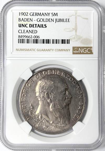 【雨安】【世界币章112-113期】周五/周六 两场连拍 2025-11-01 周六 19:30 保真 8秒倒数自动落锤 高效拍卖 - [评级德国] Germany 德国 帝国 J.031 巴登 5马克 (1902) 登基50周年 1902年 NGC-UNC