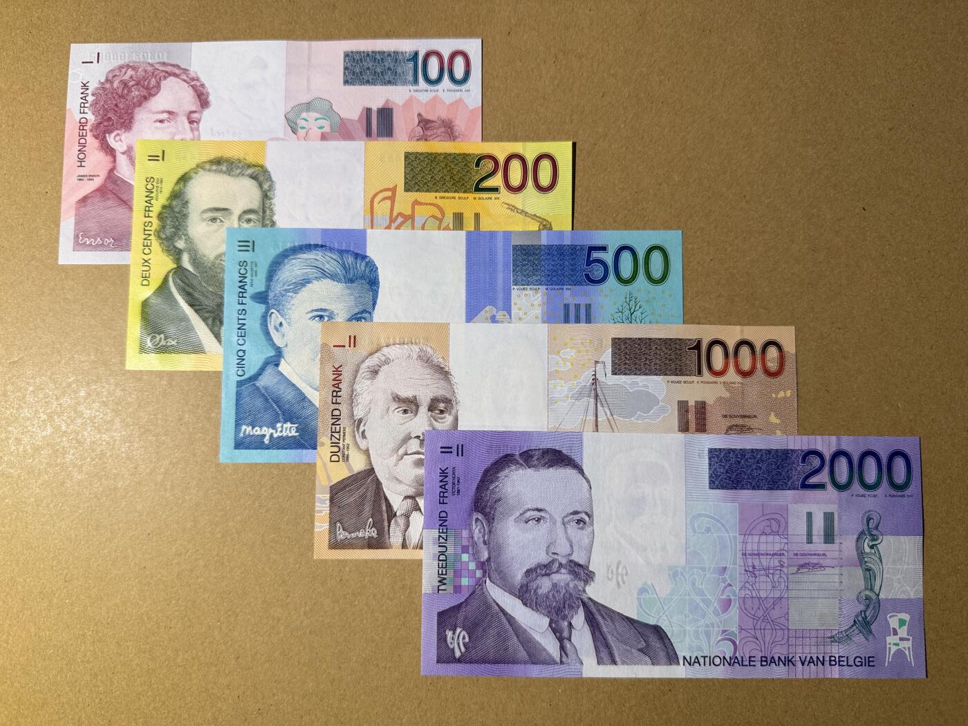 《艾美收藏》第218期-11.2周日外币荟萃 比利时100、200、500、1000、2000法郎5张UNC 末版 原票 张张好品相