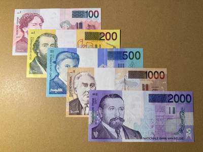 《艾美收藏》第218期-11.2周日外币荟萃 - 比利时100、200、500、1000、2000法郎5张UNC 末版 原票 张张好品相