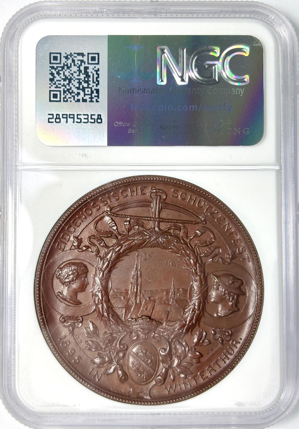 【雨安】【世界币章112-113期】周五/周六 两场连拍 2025-11-01 周六 19:30 保真 8秒倒数自动落锤 高效拍卖 [章] Switzerland 章 瑞士 1895年 射击节 苏黎世 Zurich-Winterthur 铜章 NGC-MS64